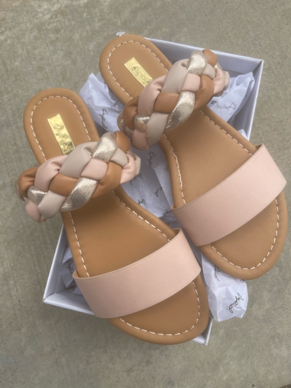 Qupid Pink, Tan & Gold Braided Slide Sandals